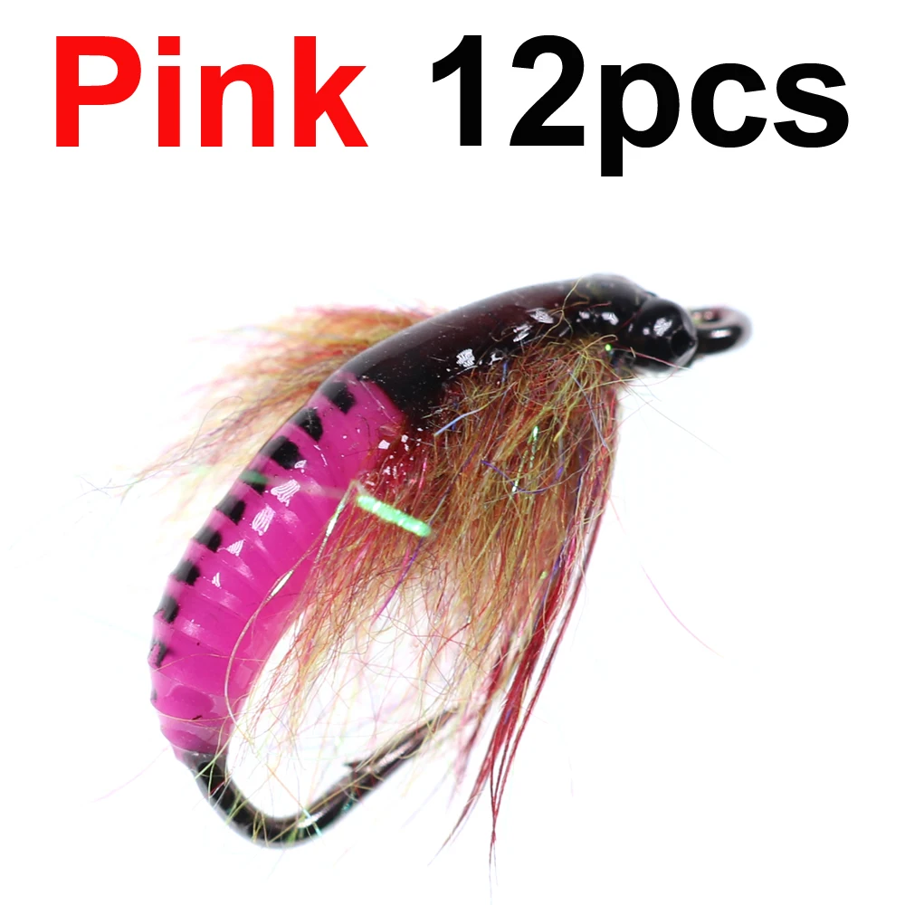 Pink 12pcs ICERIO 12 шт.#6 УФ Beadhead приманки в виде насекомых Caddis Pupa Nymph Летающая Форель Приманка для рыбалки ледяные рыболовные крючковые приманки - Цвет: Pink 12pcs