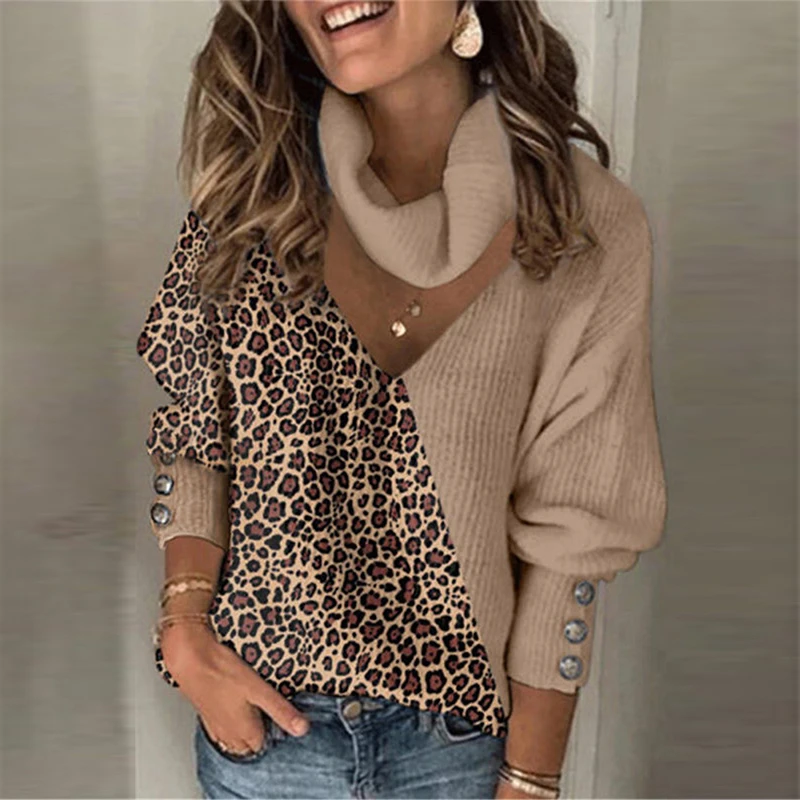 En oferta Suéteres de punto de retales de leopardo para mujer, suéteres de cuello alto, jersey de primavera con botones, suéteres de manga larga holgados para mujer RLwqer0aR8V