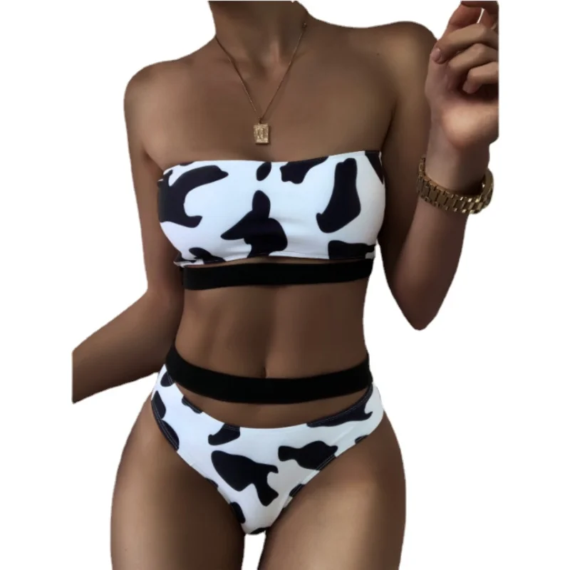 

Bikini New Sexy Open Back Hollow Out Cow Print Split Swimsuit Strapless Bathing Suit Women YS124