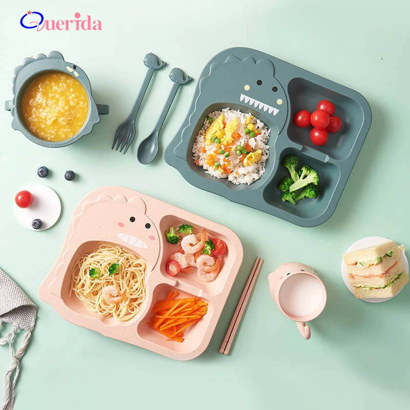 

Cartoon Baby Dinosaur Dinnerware Wheat Straw Children's Feeding Bowl Creative Non-Slip Home Kids Dishes Plate Food Tableware Set