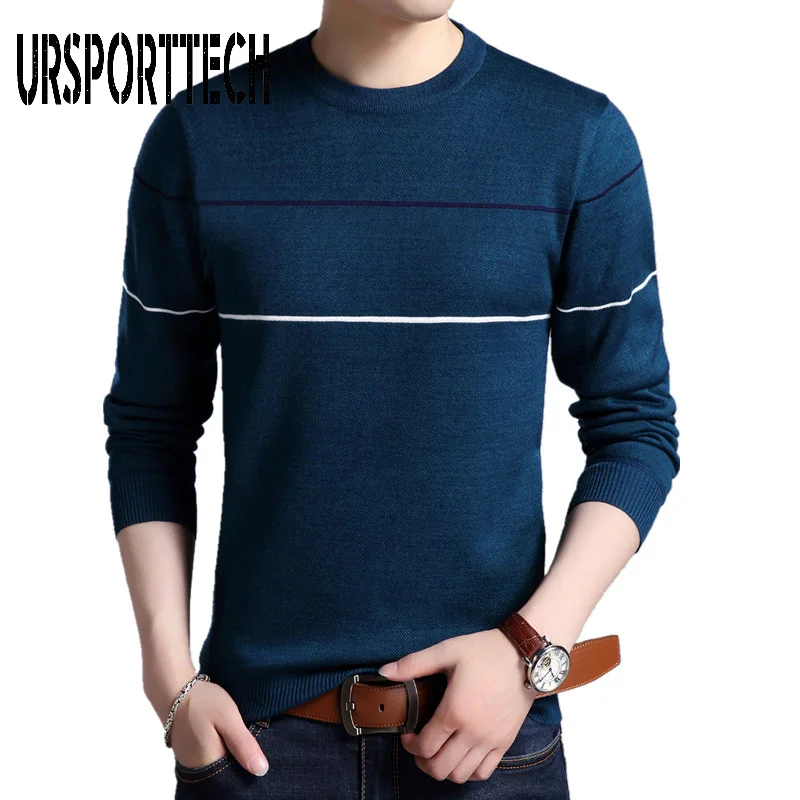 URSPORTTECH-suéter informal de otoño para hombre, Jersey de punto ajustado a rayas con cuello redondo, M-3XL