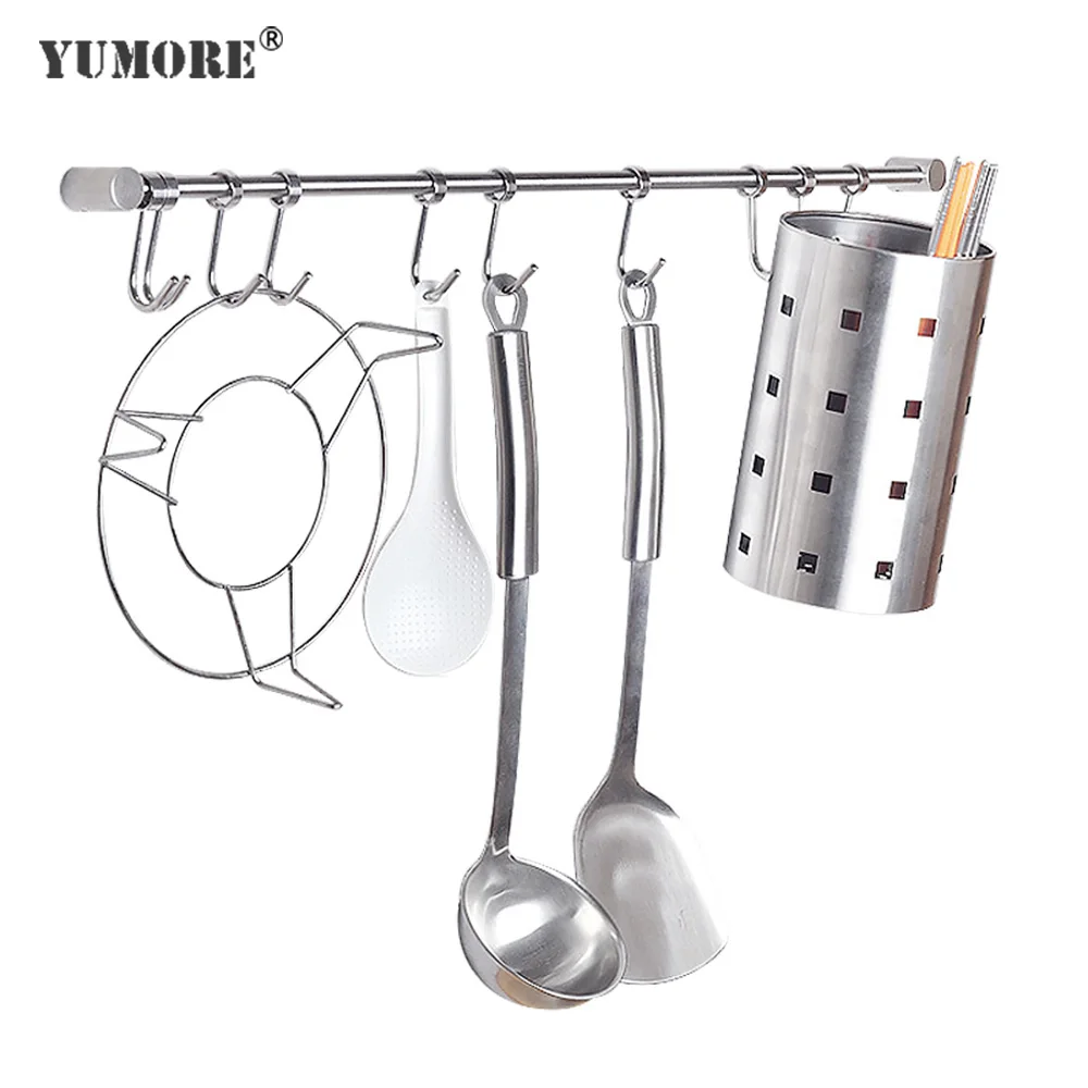 

YUMORE 30pcs/lot 7-13 hooks Solid 304 Stainless Steel Slide Row hook Kitchen Towel Rail Hanger Bar Pot Pan Hanging Hooks