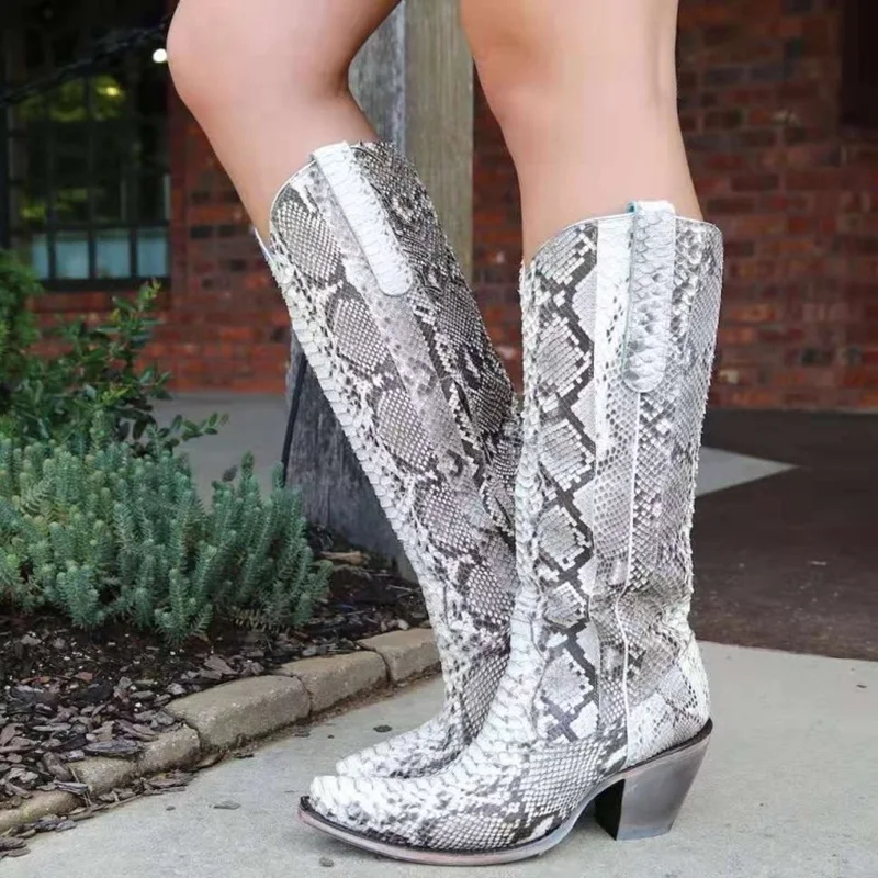 Женские ковбойские сапоги из змеиной кожи на Высоком толстом каблуке со змеиным