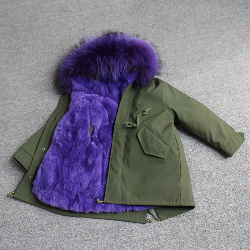green purple fur Куртки из натурального меха кролика Рекс, парки с большим воротником из меха енота с капюшоном для маленьких девочек, одежда детская зимняя куртка для мальчиков - Цвет: green purple fur