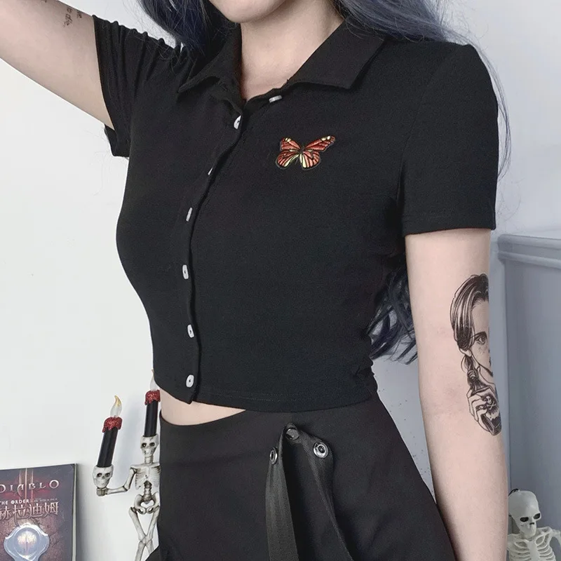 Black Women Butterfly Embroidery Short Blouse 2020 Lady Button Short Sleeve Polo Collar Sexy Gothic Blusa Basic Rock Street Top