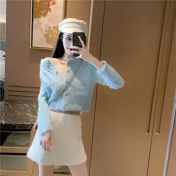 

Women 2020 Spring Autumn Imitation Mink Cashmere Knitted Cardigan And High Waist Mini Skirt Set Female Casual 2 Piece Suit L473