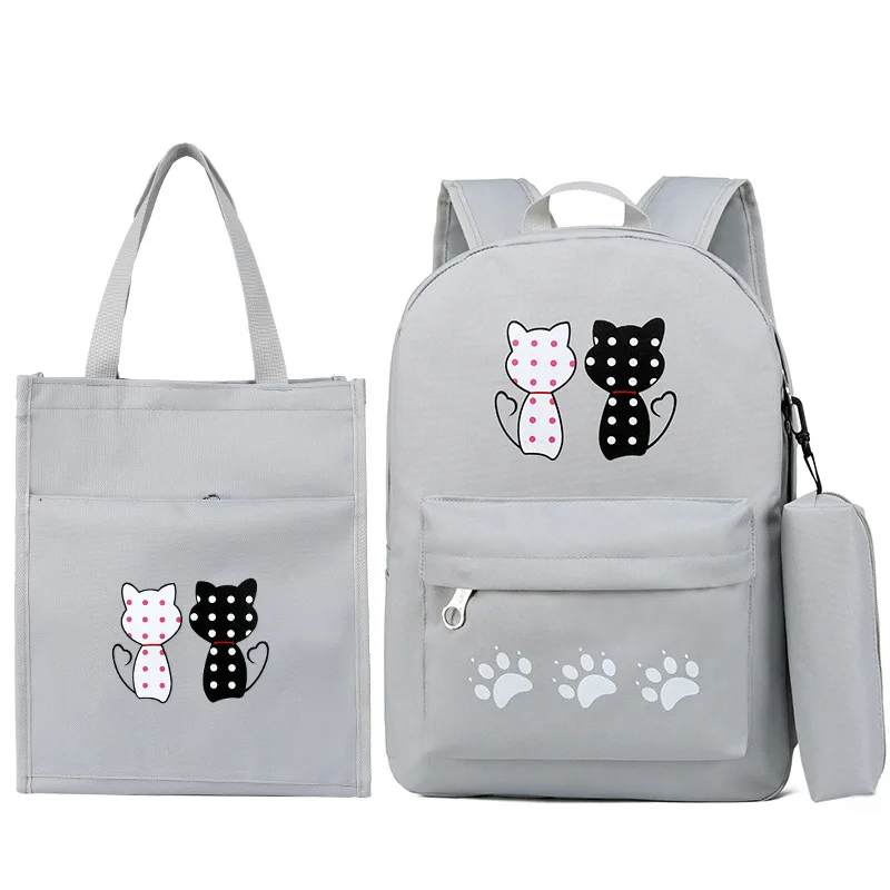 

New Style Cartoon Black And White Cat Canvas Backpack Small Secondary School Bag Three-piece Set Gift bu xi dai Stationery Bag