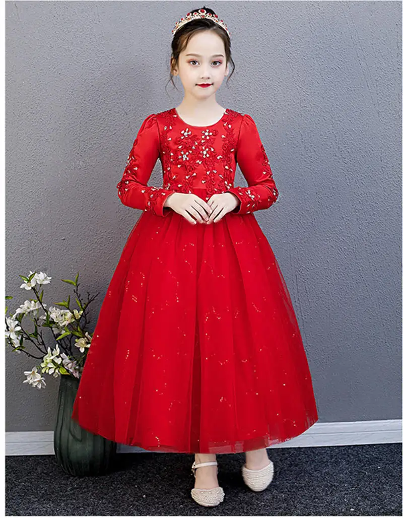 

Princess Dress Long Sleeve Lace Applique Sequin Mesh Wedding Dress for Girl Party Dress Birthday Evening Dress Girl Costumes