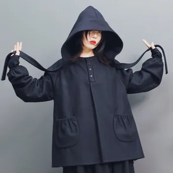 

LANMREM 2020 Solid Color Hooded Wool Short Jacket Winter New Style Head Loose Fake Two-piece Coat Women's Clothing 19B-a585