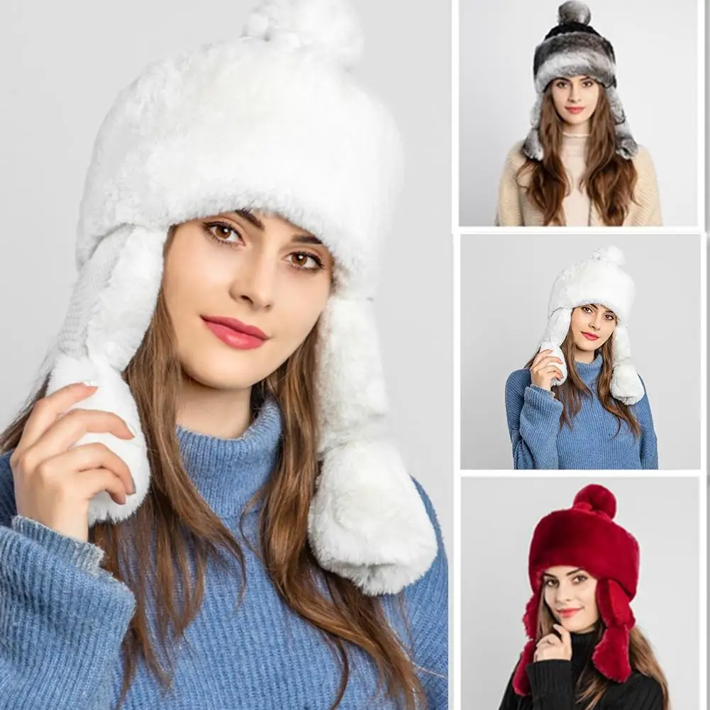 Artificial Fluffy Hat Hats Winter Women's Hat Warm Cap Windproof Hat with Ear Flaps Faux Fur Trapper Cap for Christmas Gift
