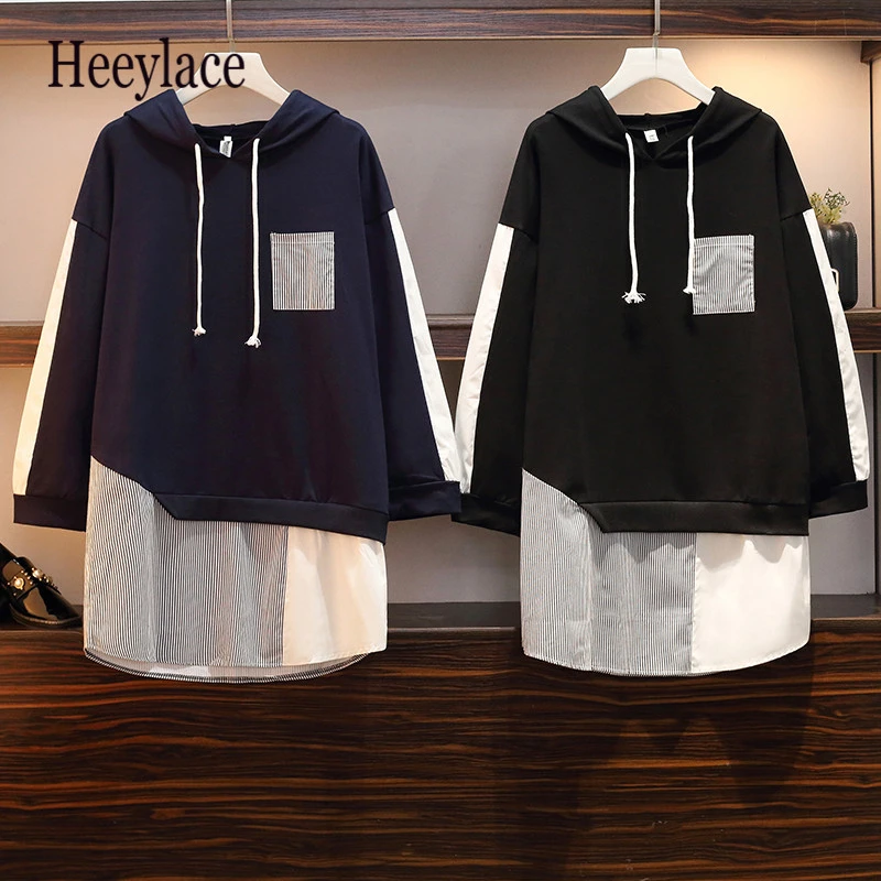 

Plus Size Women Streetwear Fashion Sweatshirt Autumn Winter 2019 New Long Sleeve Cotton Hoodies Patchwork Striped Shirt Xl-5xl
