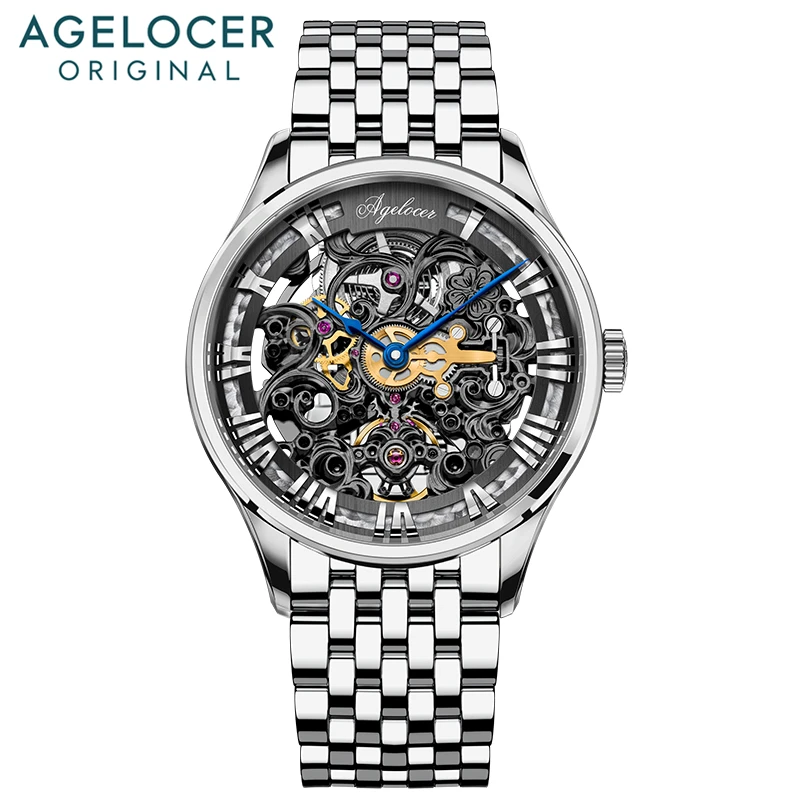 Часы AGELOCER Swiss Design с гравировкой черные стальные механические часы 80H со скелетом