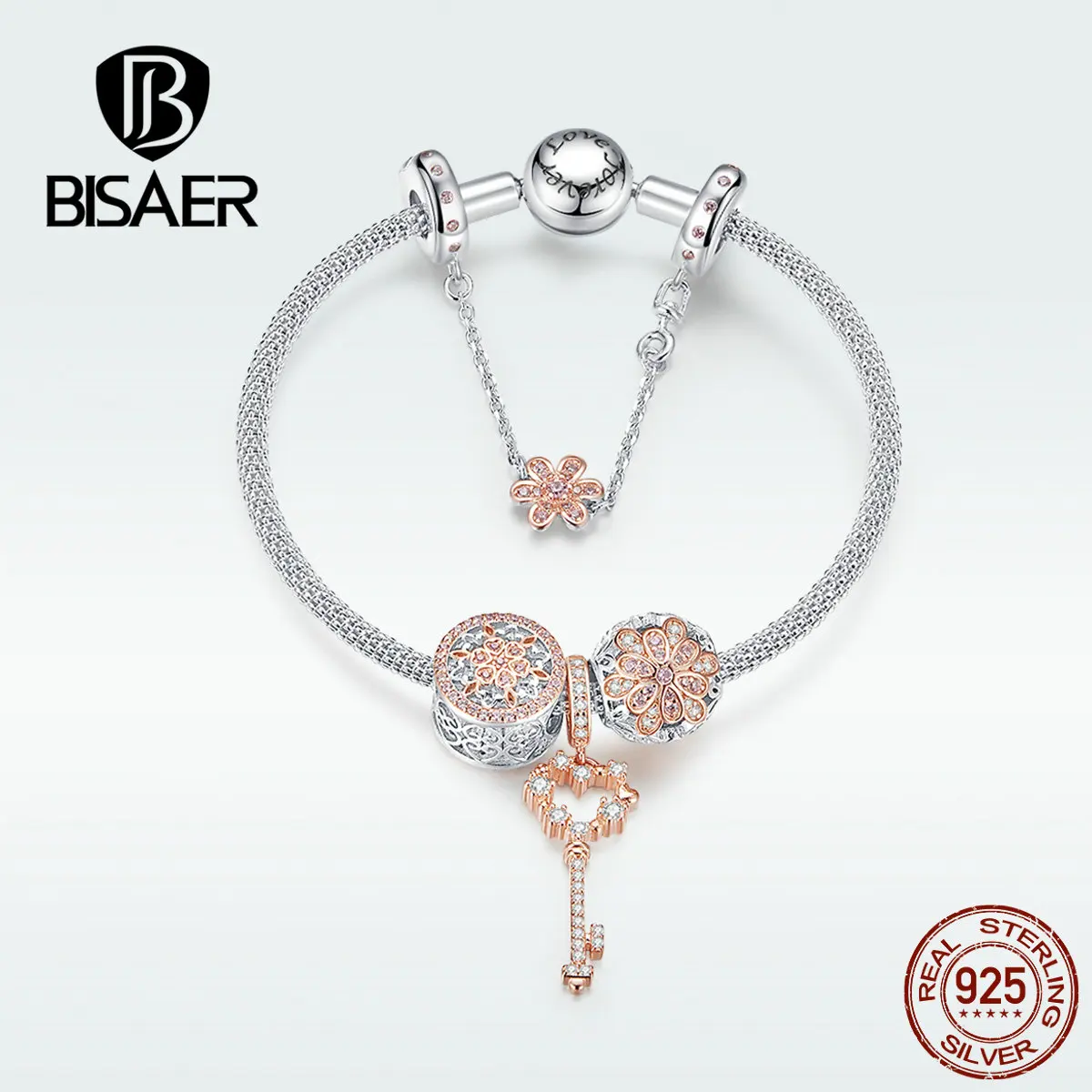 

BISAER Original Bracelet Real 925 sterling Silver Rose Gold Color Key Charms Love Silver Bracelet Jewelry For Women Gift HSB824