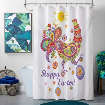 

Shower Curtains Liner Easter,Colorful Farm Animal with Blossoming Flowers Dots and Curls Egg Filled Background,Multicolor,W60 x