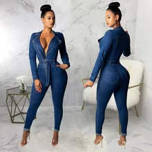 Autumn Denim Jumpsuit Women With Belt Elastic Lapel Button Office Rompers Fashion Elastic Lapel African Jumpsuit Ladies Vestidos