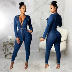 Mono vaquero con cinturón para mujer, pelele elástico con solapa y botones para oficina, mono africano con solapa elástica a la moda, Vestidos para mujer