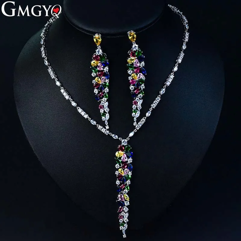 

European And American Tassel Long Necklace Earrings Set Color Zircon Copper Jewelry Two Piece Evening Dress Accessories