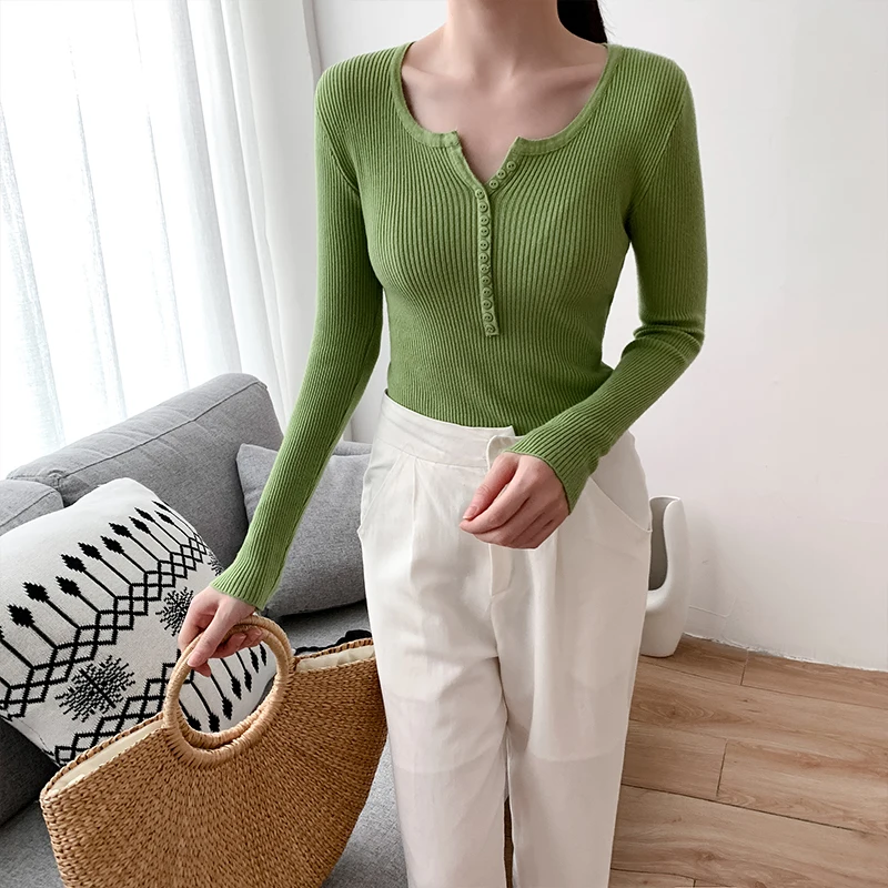 

2020 Autumn winter Korean version of the top versatile V-neck pullover bottom sweater slimming body slimming stretch sweater