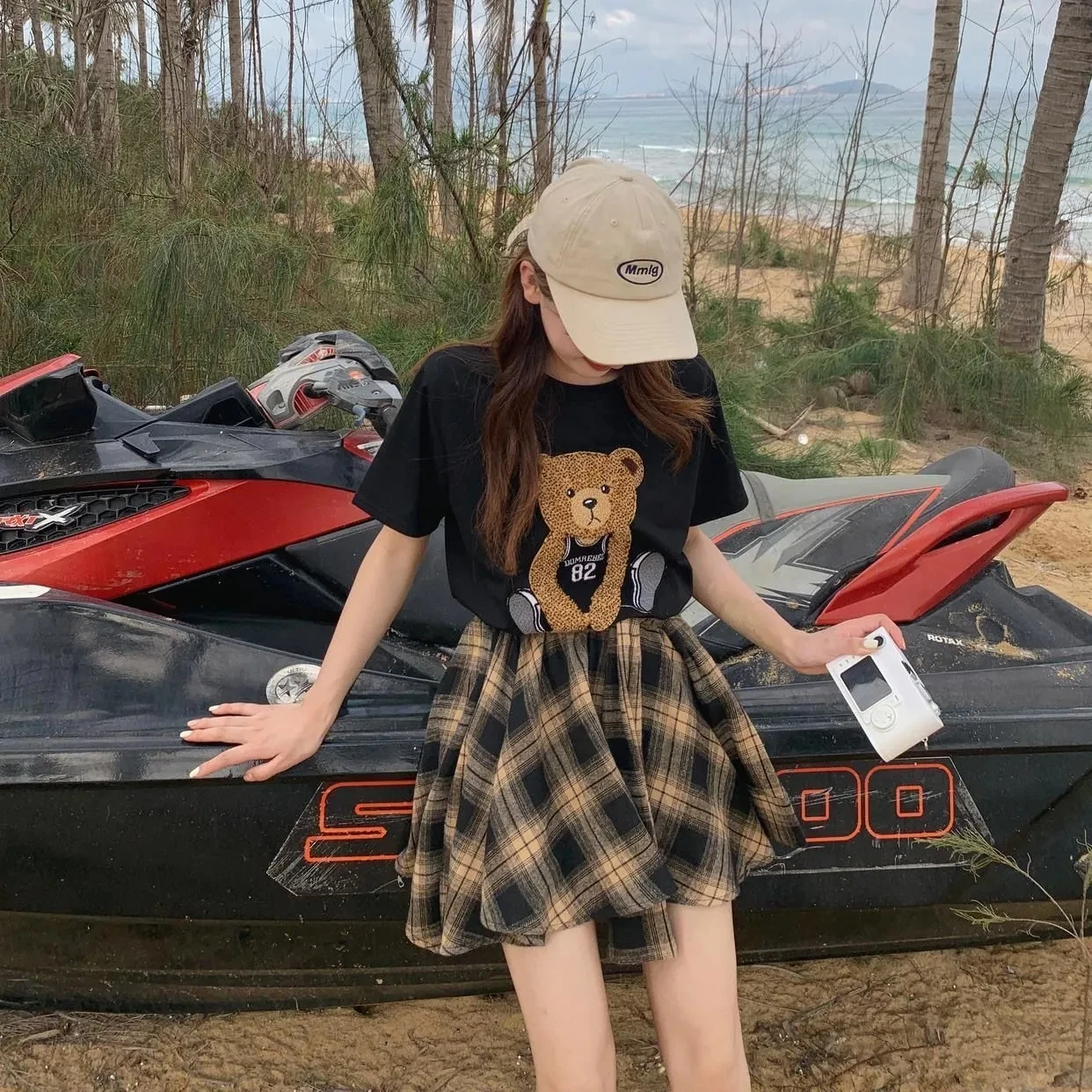 Summer Women's Skirt And Top Set Bear Cartoon Black Short