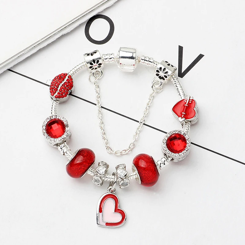 YANHUI новые очаровательные браслеты и браслеты женские серебряные ювелирные изделия с красными сексуальными губами сердце подвеска ручной работы тонкий браслет для любовника подарок SL52