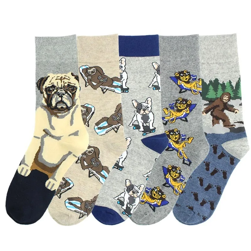 PEONFLY Забавные милые счастливые мужские носки мультяшная Кошка Собака Обезьяна узор Sokken Crew хлопок Повседневная Harajuku дизайн искусство модные носки