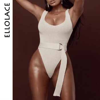 

Ellolace Sexy Knitted Women Bodysuit Backless Lace Up Elegant Rompers with Belt Bodycon Slim Overalls Autumn Stretchy Bodysuits