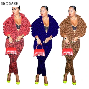 

Autumn Winter Two Piece Set Thickening Turtleneck Cardigan Leopard Printed Tracksuit For Women Sexy Casual Outfits Sweat Suit