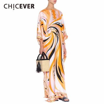 

CHICEVER Over Long Length Seven Batwing Sleeve Floor Length Round Collar Loose Print Bohemian Dress Women New Spring Fashion