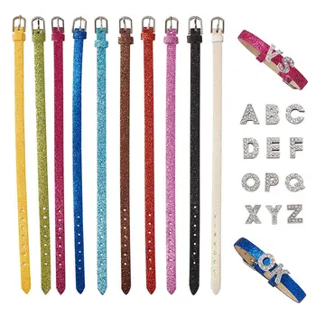 

22cm Mixed Color Glitter Powder PU Leather Watch Bands With Slide Rhinestone Alphabet Charms DIY Watch Bracelet Jewelry Making
