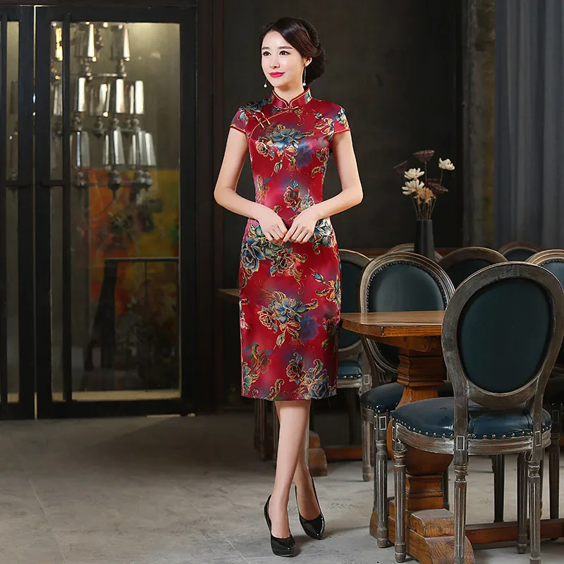 Традиционный цветочный принт для женщин Cheongsam сексуальный тонкий низкий Сплит Лето короткий Qipao Винтаж Восточный вечер платье Vestidos