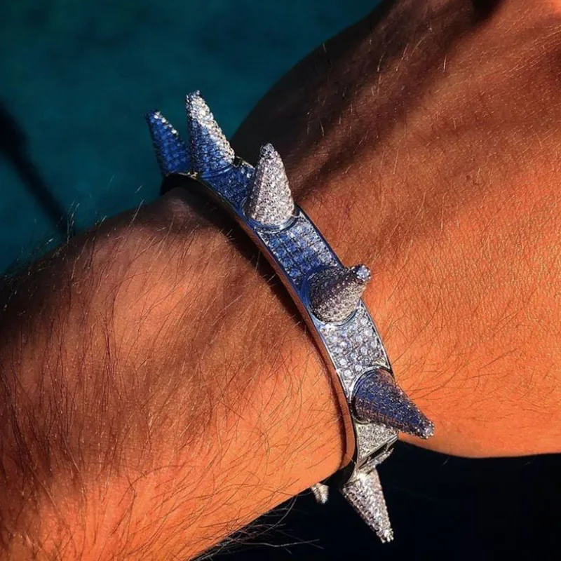 US7 Iced Out Bling Cubic Zircon Gold Silver Color Rivet Bracelets Spike Bangles Gifts for Men Women Hip Hop Jewelry | Украшения и