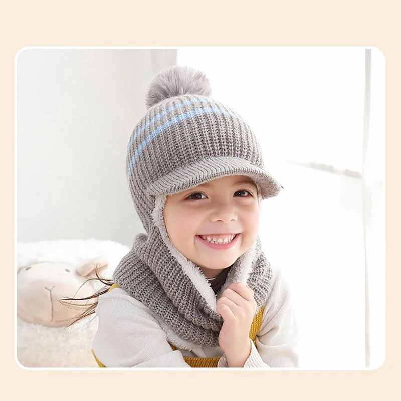 Вязаная шапка, вязаная шапка с сиамским лицом, шапка с нагрудником, Вельветовая утолщенная детская зимняя теплая шапка с нагрудником