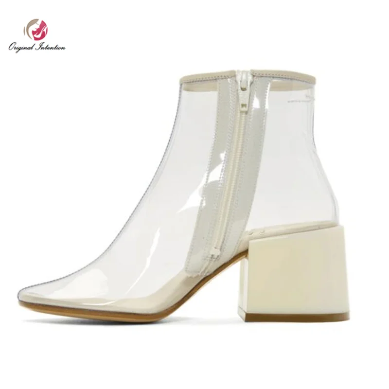

Original Intention 2019 Fashion Women Transparent Ankle Boots Round Toe Square Heels Boots Elegant Shoes Woman Plus Size 3-16
