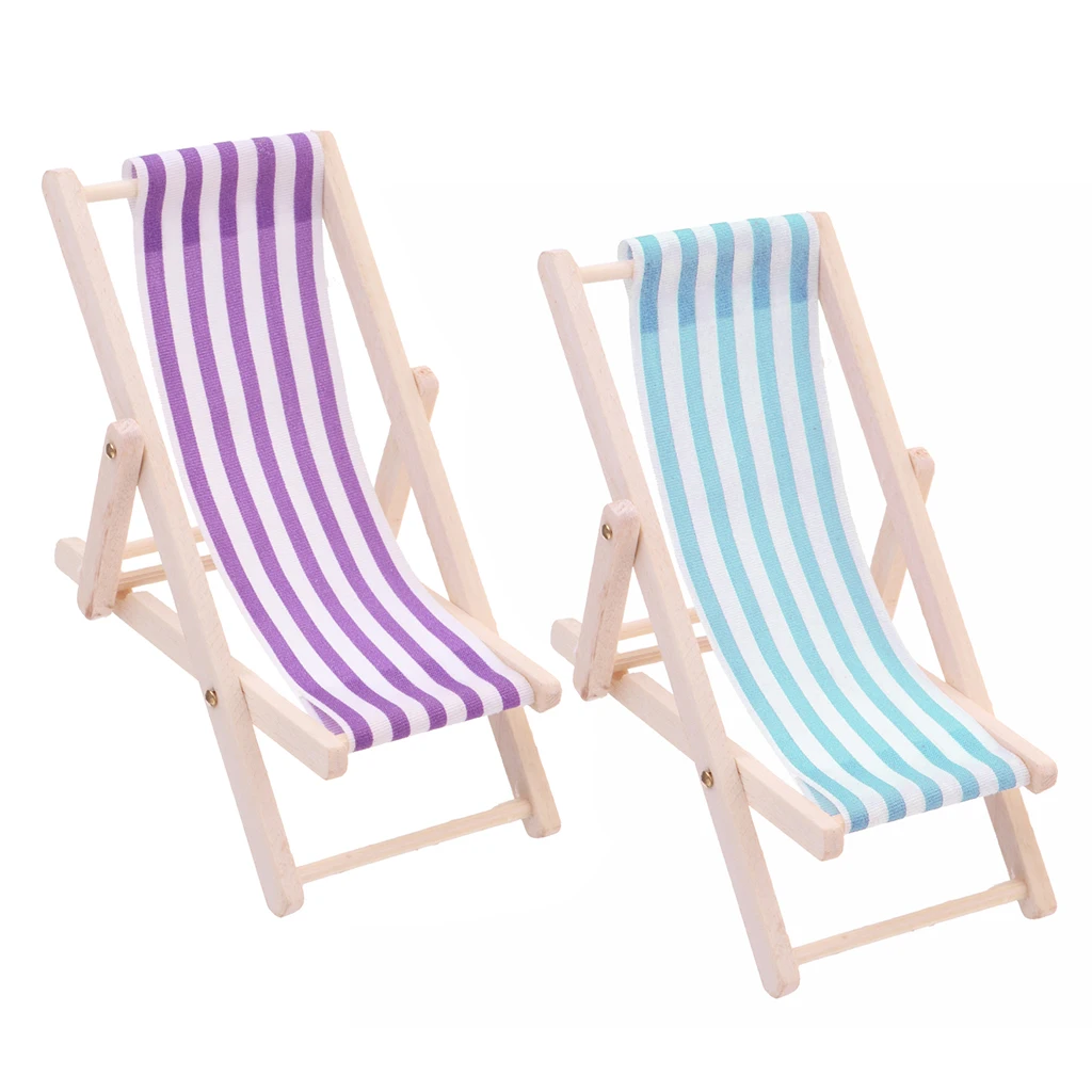 2 Pieces Striped Wooden Lounge Chair Deckchair for 1/12 Dollhouse Miniature Furniture Kids Toys