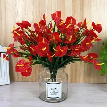 7 branch Anthurium Flower with Leaves Home Hotel Table Centerpiece Floral Decor Plastic Fake Flower