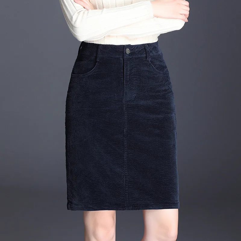Осенне-зимняя женская тонкая повседневная юбка Вельветовая офисная винтажная шикарная элегантная Корейская юбка трапециевидной формы большого размера S-5XL - Цвет: Синий