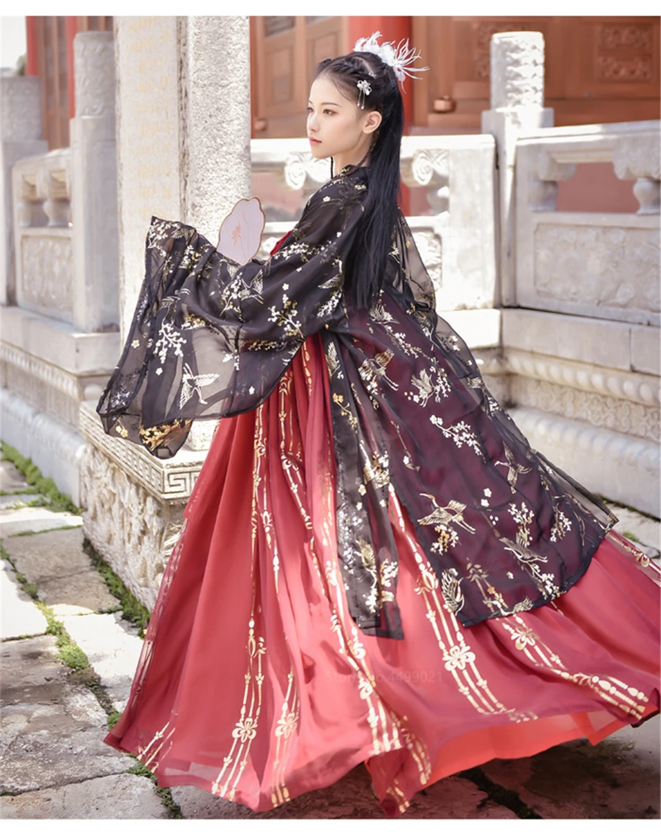 Старинное нарядное традиционное торжественное платье принцессы Hanfu для женщин и девочек; комплект из топа с принтом золотого журавля и красной юбки в стиле ретро для народных танцев