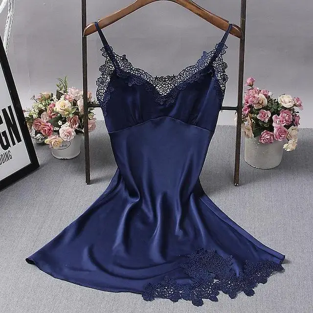 Pink Female Bride Bridesmaid Wedding Robe Sexy 2PCS Robe Set Classic Belt Sleepwear Nightgown Lace Patchwork Intimate Lingerie - Color: Navy Blue Nightie