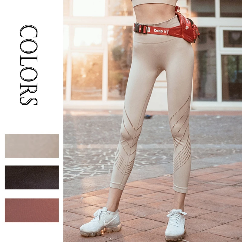 CHRLEISURE High Waist Yoga Pants Women Leggings Sport Women Fitness Gym Tights With Stripe Hollowing Out Squat Proof Leggings