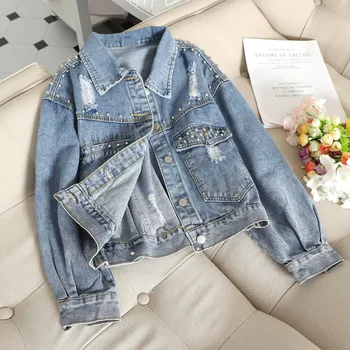 

New Korean Spring Fall Women Rivet Loose Denim Jacket Handsome Students Cowboy Short Jacket Jeans Coat Female