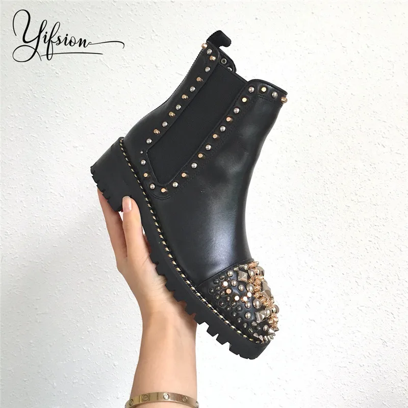 

OLOME New Black Genuine Leather Women Motorcycle Boots Metal Studded Thick Low Heel Women Autumn Winter Boots Shoes Women