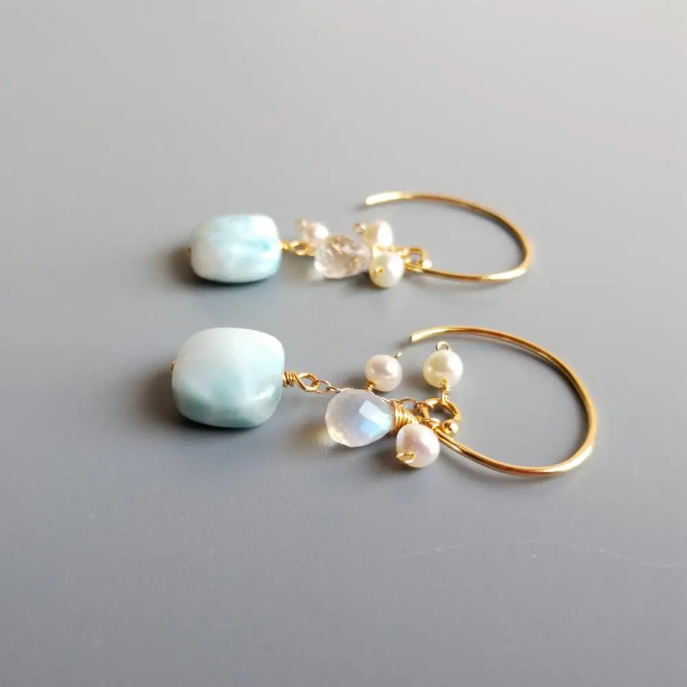 Lii Ji, натуральный квадратный лунный камень Larimar, Висячие бусины из пресноводного жемчуга, 925 пробы, серебро, 18 К, позолоченные серьги-капли ручной работы