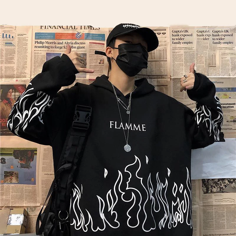 Sudadera con capucha de estilo Harajuku para mujer, ropa de calle coreana con estampado de llama, de talla grande, para invierno