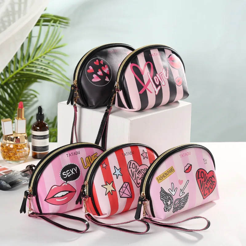 

1pc Pink Stripe Makeup Bag Handbag Portable Leather Women Travel Organizer Toiletry Cosmetic Bags Zipper Storage Make up Bag
