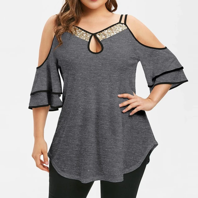 Blusa con volantes de lentejuelas de moda de talla grande blusa Casual de verano para con hombros descubiertos Blusas manga corta para mujeres - AliExpress