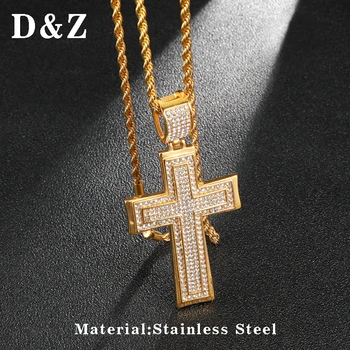 

D&Z Bright Micro Paved Cubic Zircon Crucifix Pendant Necklace Stainless Steel Large Cross Collar Hombre