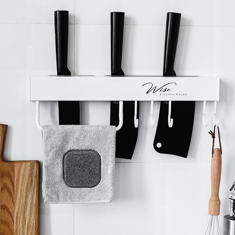 

Nordic style Aluminum Storage Rack Wall Mounted Shelf Kitchen Knife Holder 5 Hooks Multifunctional Home Organizer Kitchen Tool