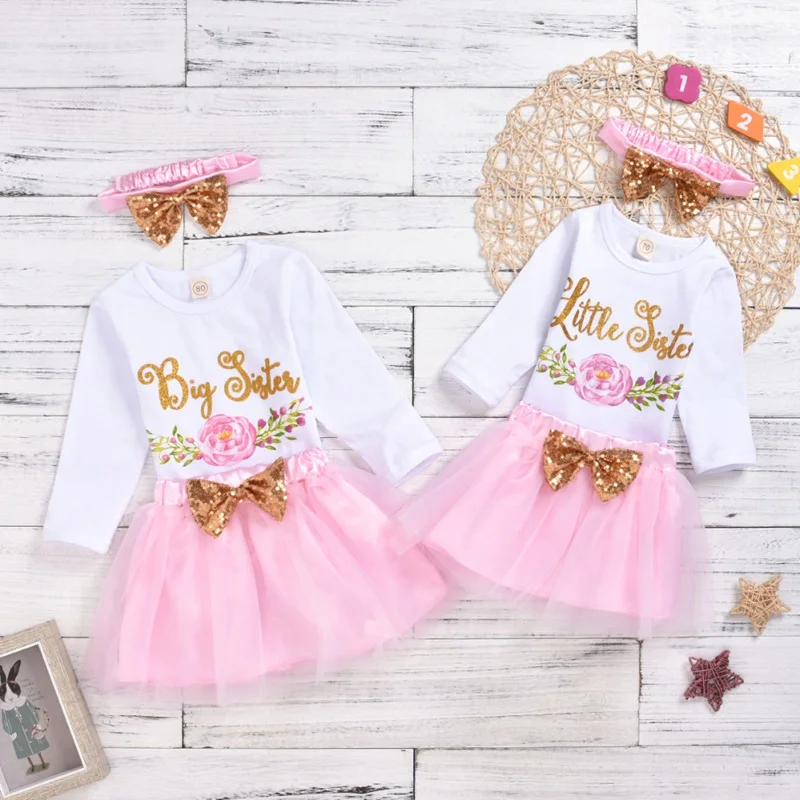 

Children's Set Three Piece Sisters Girls Letter Floral Print Long Sleeved T-Shirt Bow Skirt Hair Band