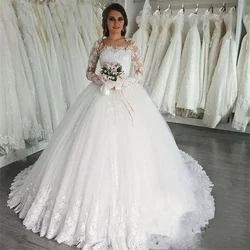 Elegant Ball Gown Wedding Dresses 2021 Long Sleeves Lace Appliques Sweep Train Customize Plus Size Bridal Dress vestido de noiva