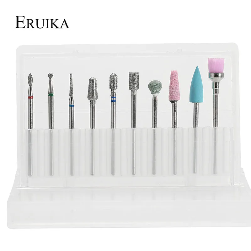 ERUIKA, 10 шт., набор сверл для ногтей, пилочки для ногтей, электрическая машинка для маникюра, вращающиеся сверла, полировальные инструменты, фрезы, аксессуары для маникюра